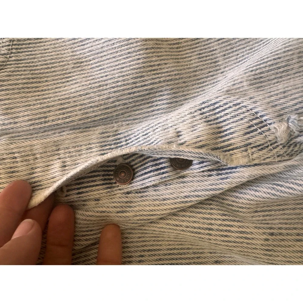 Vintage Levi's Pinstripe Jeans Blue White Straight Leg Button Fly Frayed Hem